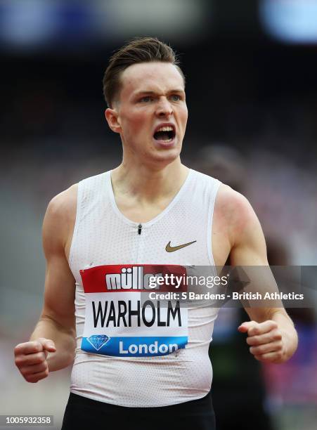 Karseten Warholm of Norway celebrates following his win in a new national record in the Men's 400 metres Hurdles during the Muller Anniversary Games...