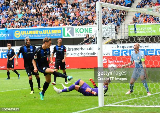 Phillip Tietz of Paderborn scores the team`s second goal during the Friendly match between SC Paderborn 07 and AS Monaco at Benteler-Arena on July...