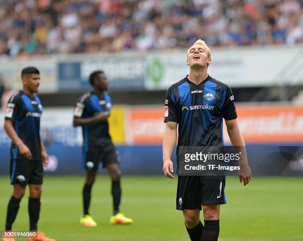 Julius Dueker of Paderborn looks dejected during the Friendly match between SC Paderborn 07 and AS Monaco at Benteler-Arena on July 21, 2018 in...