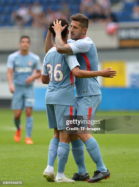 Sofiane Diop of Monaco celebrates after scoring his team`s first goal with Stevan Jovetic of Monaco during the Friendly match between SC Paderborn 07...