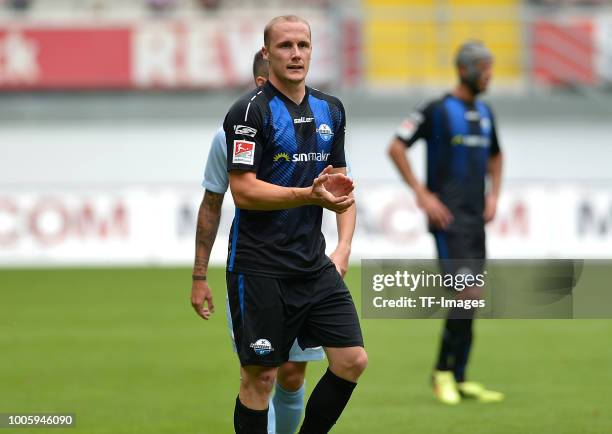 Sven Michel of Paderborn gestures during the Friendly match between SC Paderborn 07 and AS Monaco at Benteler-Arena on July 21, 2018 in Paderborn,...