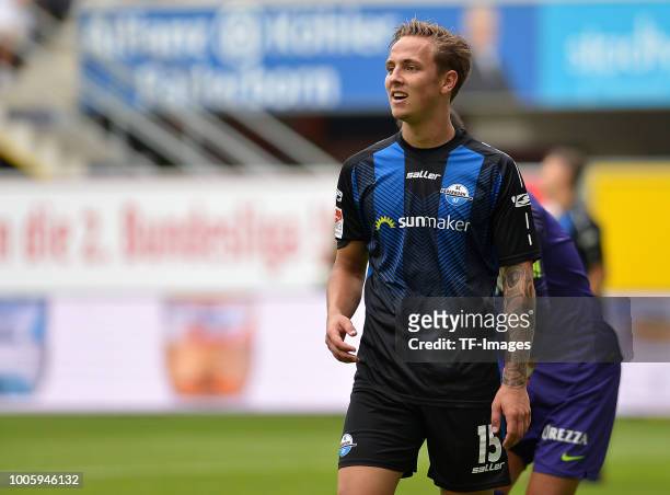 Phillip Tietz of Paderborn laughs during the Friendly match between SC Paderborn 07 and AS Monaco at Benteler-Arena on July 21, 2018 in Paderborn,...