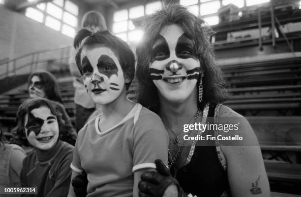 Drummer Peter Criss from American rock group Kiss meets with young face-painted fans in the Cadillac High School gymnasium, the venue for the group's...