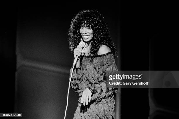 American Disco, Pop, and R&B musician Donna Summer performs onstage at Resorts International Hotel, Atlantic City, New Jersey, June 20, 1983.