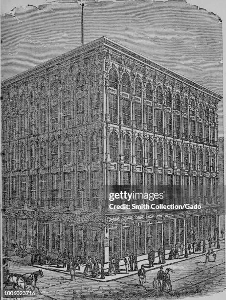 Black and white print depicting the Sun Iron Building, with people in Victorian dress on the sidewalk in the foreground, built in the Classical...