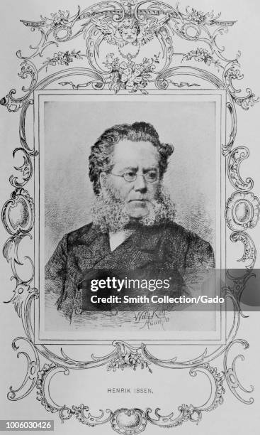 Black and white print depicting the father of theatrical realism, Norwegian playwright, poet, and theatre director, Henrik Johan Ibsen, shown from...