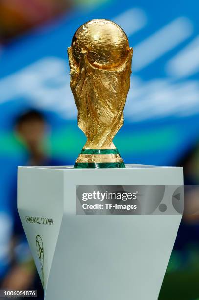 The trophy is seen prior to the 2018 FIFA World Cup Russia Final between France and Croatia at Luzhniki Stadium on July 15, 2018 in Moscow, Russia.