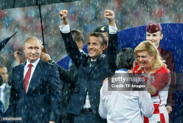 President Wladimir Wladimirowitsch Putin, President Emmanuel Macron, coach Zlatko Dalic of Croatia and Presidentin Kolinda Grabar-Kitarovic look on...