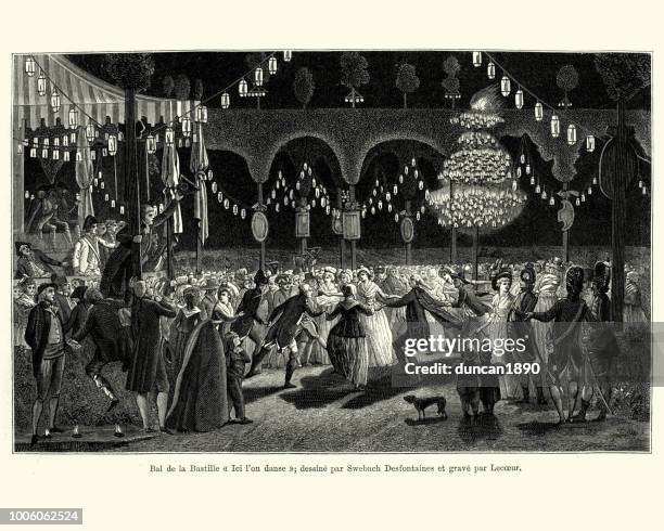 people dancing at a bastille day ball, france late 18th century - evening ball stock illustrations