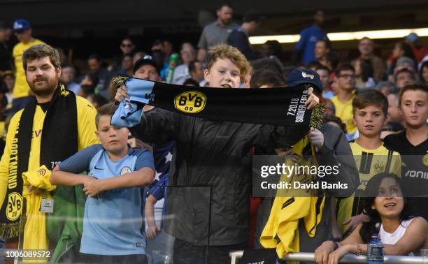 Borussia Dortmund fans before the game against Manchester City on July 20, 2018 at Soldier Field in Chicago, Illinois.