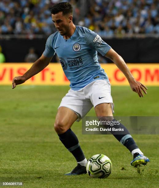 Jack Harrison of Manchester City plays against Borussia Dortmund on July 20, 2018 at Soldier Field in Chicago, Illinois.