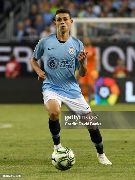 Phil Foden Manchester City plays against Borussia Dortmund on July 20, 2018 at Soldier Field in Chicago, Illinois.