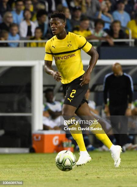 Dan-Axel Zagadou of Borussia Dortmund plays against Manchester City on July 20, 2018 at Soldier Field in Chicago, Illinois.