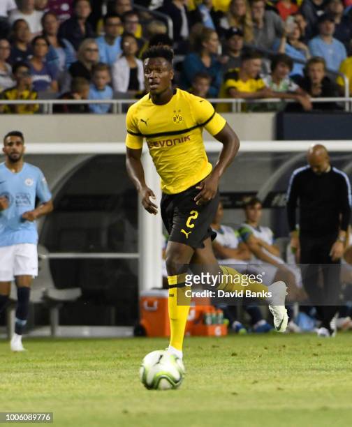 Dan-Axel Zagadou of Borussia Dortmund plays against Manchester City on July 20, 2018 at Soldier Field in Chicago, Illinois.