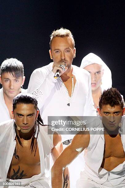 Giorgos Alkaios & Friends from Greece performs the song "OPA" during the semi-finals of the Eurovision Song Contest in Telenor Arena in Baerum,...