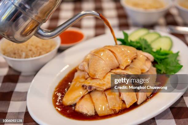 asian chinese food style steam chicken with rice and sauce (hainan chicken) on white plate at chinese restaurant in singapore - hainan island stock pictures, royalty-free photos & images