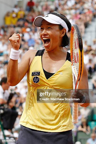 Kimiko Date Krumm of Japan celebrates winning match point in the women's singles first round match between Dinara Safina of Russia and Kimiko Date...