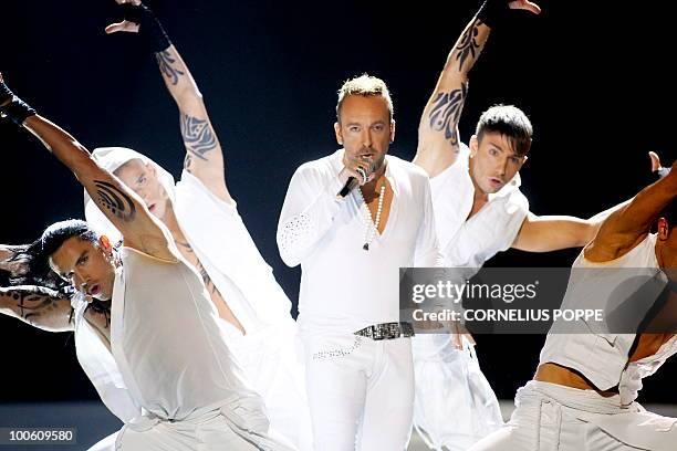 Giorgos Alkaios & Friends from Greece performs the song "OPA" during the semi-finals of the Eurovision Song Contest in Telenor Arena in Baerum,...