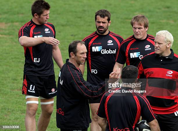 Brendan Venter, the Saracens director of rugby issues instructions during the Saracens training session on May 25, 2010 in St Albans, England.