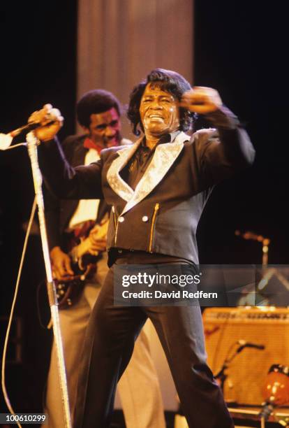American soul singer and songwriter James Brown performs live on stage at the Midem music conference gala in Cannes, France in January 1987.