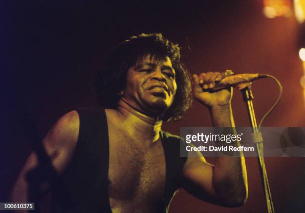 American soul singer and songwriter James Brown performs live on stage circa 1980.