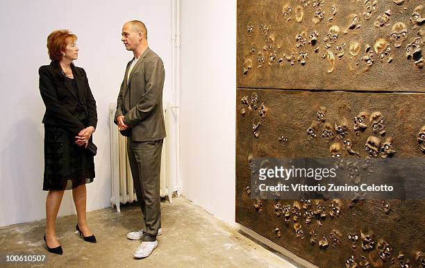 Letizia Moratti and Dinos Chapman attend the Jake And Dinos Chapman Opening At The ProjectB Gallery on May 25, 2010 in Milan, Italy.