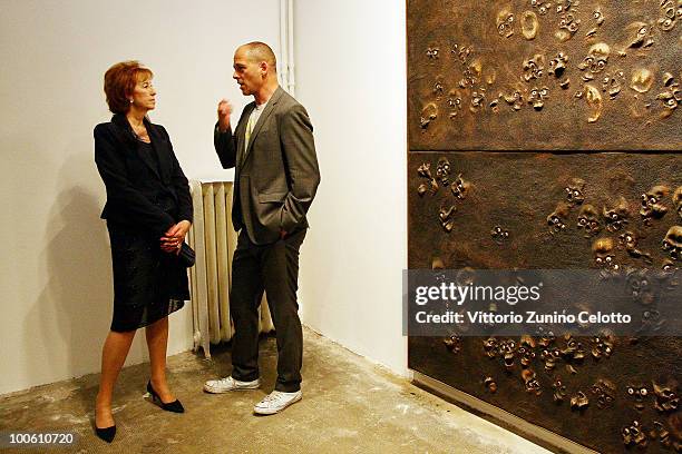 Letizia Moratti and Dinos Chapman attend the Jake And Dinos Chapman Opening At The ProjectB Gallery on May 25, 2010 in Milan, Italy.