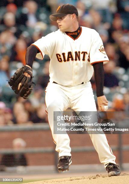 Ron lewis/staff 4.25.05 san mateo county times&#10;&#13;San Francisco Giants pitcher Noah Lowry delivers a pitch Monday during action against the San...