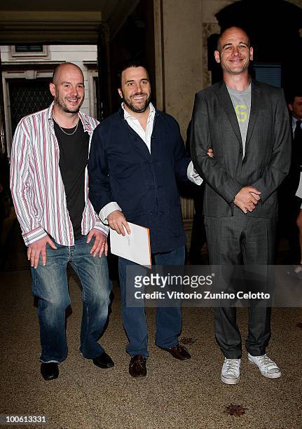 Jake Chapman, Emanuele Bonomi and Dinos Chapman attend the Jake And Dinos Chapman Opening At The ProjectB Gallery on May 25, 2010 in Milan, Italy.