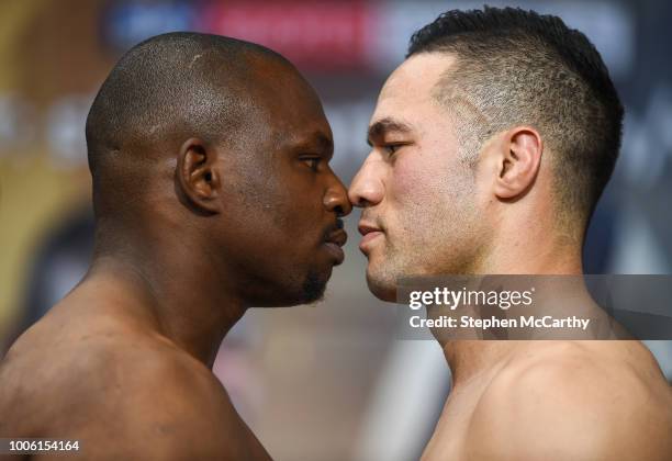 London , United Kingdom - 27 July 2018; Dillian Whyte, left, and Joseph Parker square off, at Spitalfields Market, prior to their Heavyweight contest...