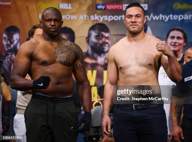 London , United Kingdom - 27 July 2018; Dillian Whyte, left, and Joseph Parker square off, at Spitalfields Market, prior to their Heavyweight contest...