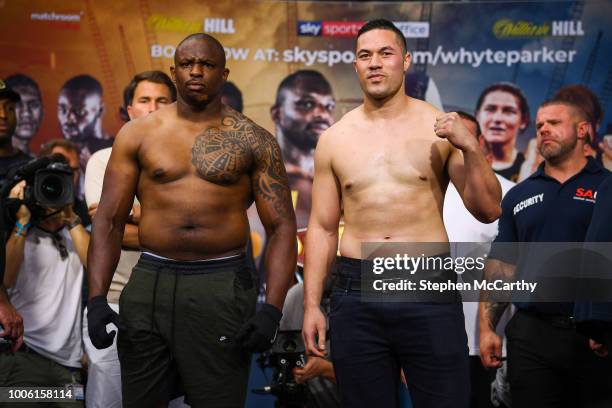 London , United Kingdom - 27 July 2018; Dillian Whyte, left, and Joseph Parker square off, at Spitalfields Market, prior to their Heavyweight contest...