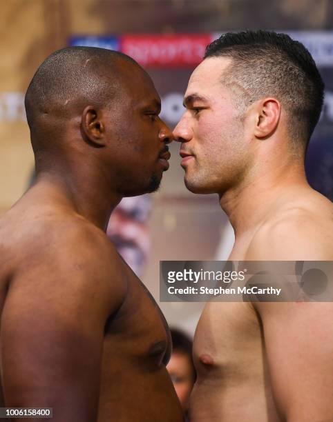 London , United Kingdom - 27 July 2018; Dillian Whyte, left, and Joseph Parker square off, at Spitalfields Market, prior to their Heavyweight contest...
