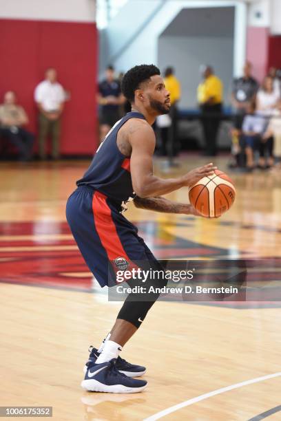 Larry Drew II shoots the ball during USAB Minicamp Practice at Mendenhall Center on the University of Nevada, Las Vegas campus on July 26, 2018 in...