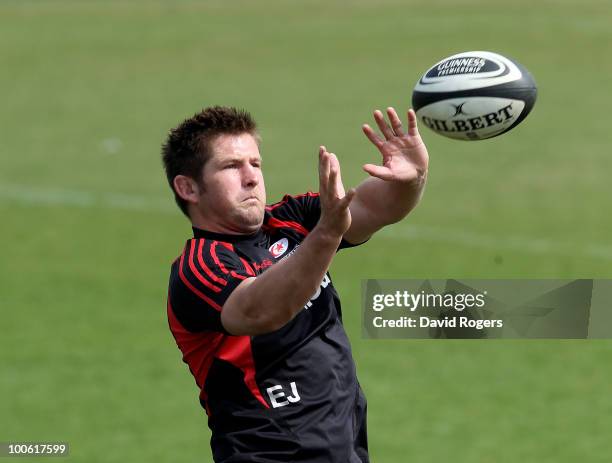 Ernst Joubert, the Saracens captain catches the ball during the Saracens training session on May 25, 2010 in St Albans, England.