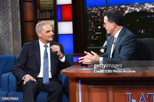 The Late Show with Stephen Colbert and Eric Holder during Monday's July 23, 2018 show.