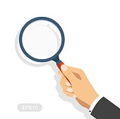 Hand holding a magnifying glass. Concept of searching, detecting and analyzing. New vector illustration in flat design on white background. Detailed flat style