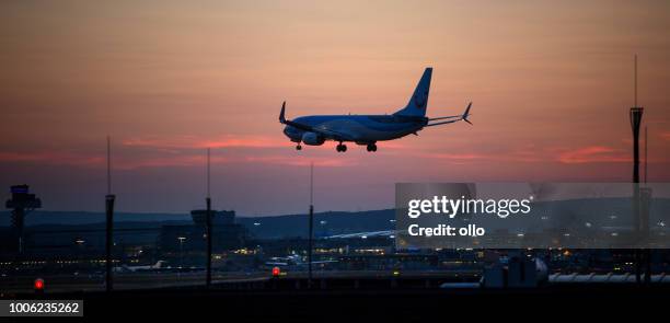 landing airplane of tui fly airline at frankfurt airport - tui ag stock pictures, royalty-free photos & images