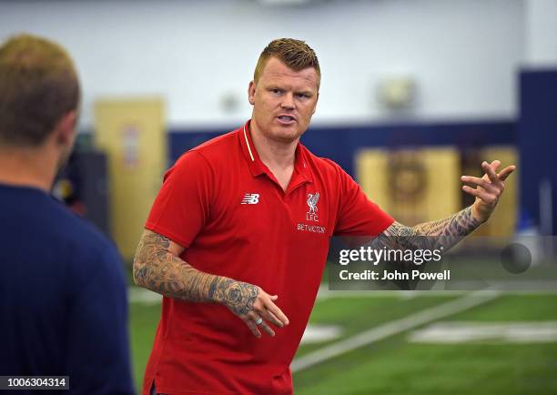 Liverpool Legend John Arne Riise visits University of Michigan to show soccer skills,and be shown football skills on July 27, 2018 in Ann Arbor,...