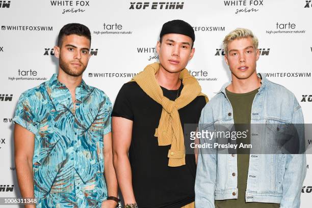 Andre Brunelli, Patrick Ta and Derek Chadwick attend White Fox Boutique Swimwear Launch Of 100% Salty at Catch on July 26, 2018 in West Hollywood,...