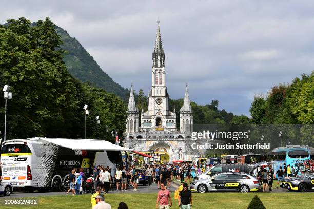 Start / Team buses parked infront The Sanctuary of Our Lady of Lourdes / Landscape / during the 105th Tour de France 2018, Stage 19 a 200,5km stage...