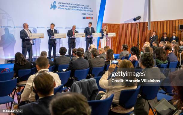 From L to R: European Commissioner for Energy and Climate Action Miguel Arias Canete, the President of France Emmanuel Macron, the Prime Minister of...