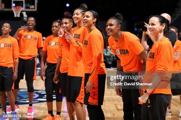 Candace Parker, Maya Moore, Rebekkah Brunson and Head Coach Sandy Brondello of Team Parker look on during WNBA All-Star Practice and Media...