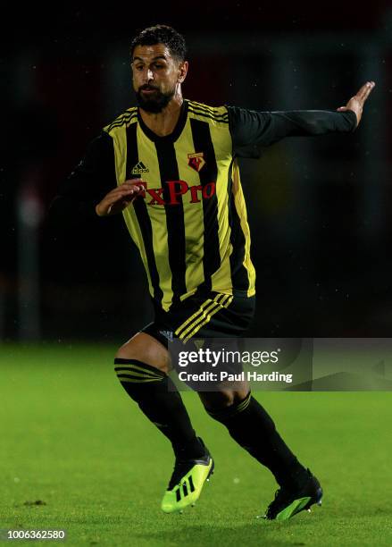 Miguel Britos of Watford FC rins during the pre-season friendly match between Stevenage and Watford at The Lamex Stadium on July 27, 2018 in...