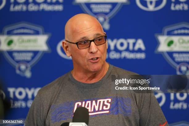 New York Giants General manager Dave Gettleman speaks to the media following New York Giants Training Camp on July 27, 2018 at Quest Diagnostics...