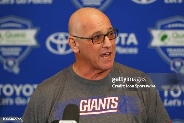 New York Giants General manager Dave Gettleman speaks to the media following New York Giants Training Camp on July 27, 2018 at Quest Diagnostics...