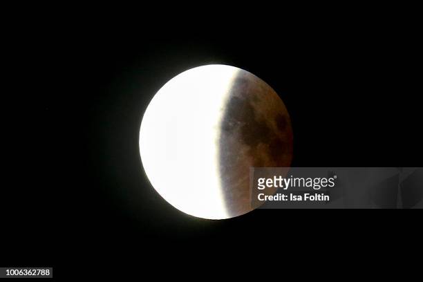 The moon over Regensburg one hour after the main phase of the total lunar eclipse on July 27, 2018 in Regensburg, Germany.