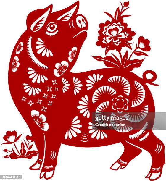 year of the pig papercut - looking back stock illustrations