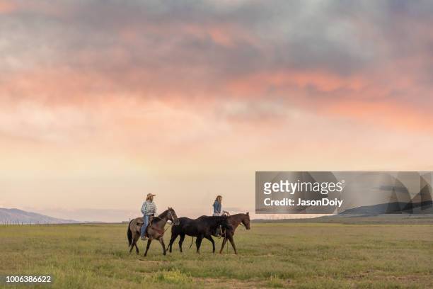 カウボーイとカウガール日没に乗る - 馬　鞍 ストックフォトと画像