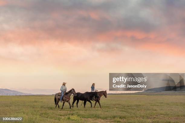 cowboy and cowgirl ride into the sunset - cowgirl stock stock pictures, royalty-free photos & images